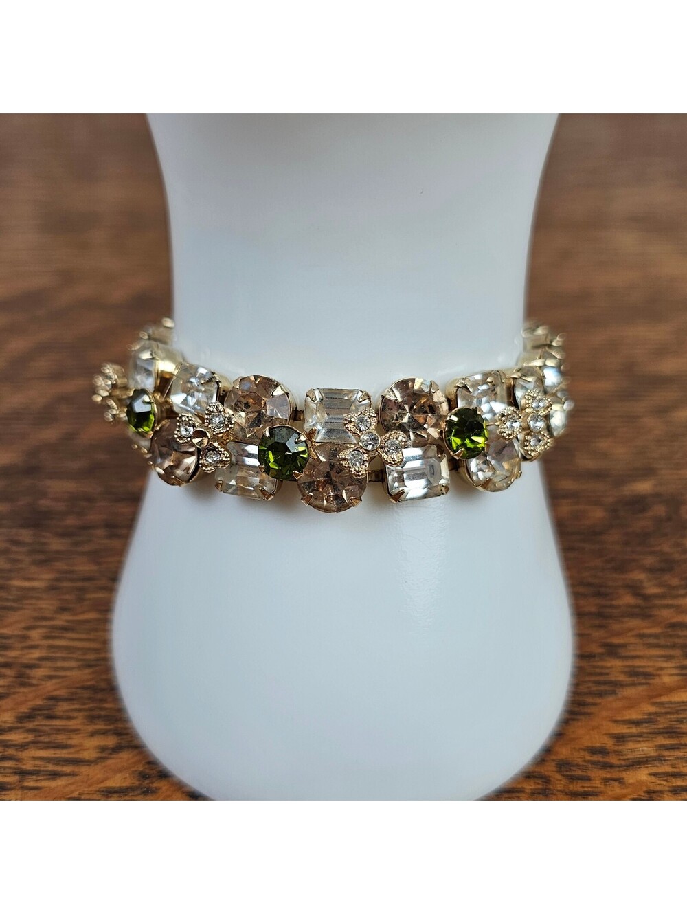 Vintage Eisenberg Ice Rhinestone Bracelet Green Smoky Crystal Signed 7"